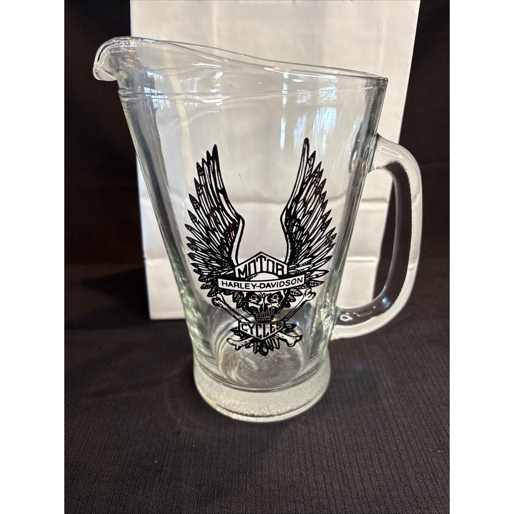 Harley Davidson Logo Glass Pitcher 64 Oz Clear Glass Beer Barware Skull Winged